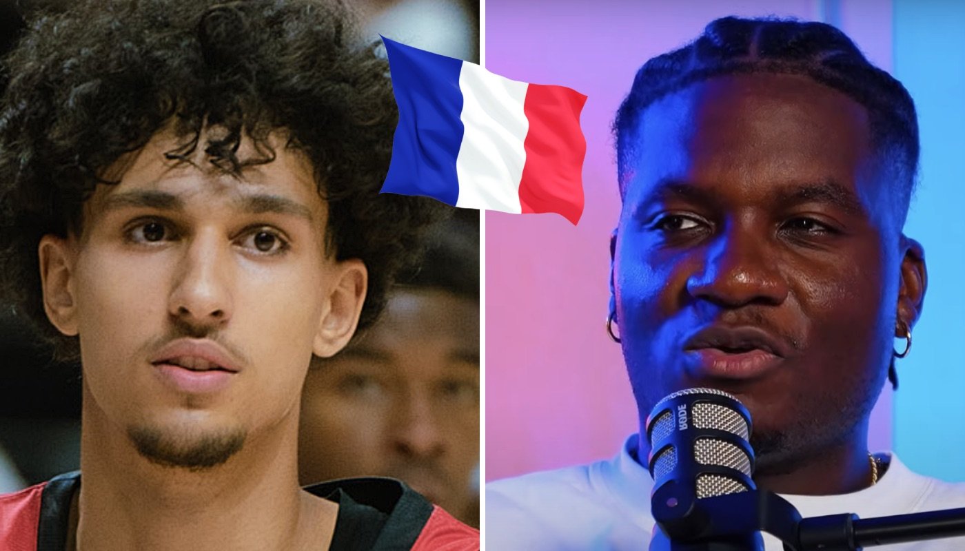 Les joueurs NBA des Atlanta Hawks, Zaccharie Risacher (gauche) et Clint Capela (droite), ici accompagnés du drapeau français