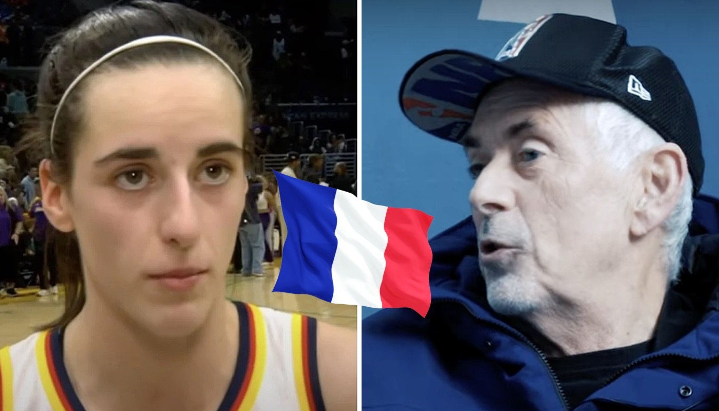 La star WNBA Caitlin Clark (gauche) et le célèbre journaliste franco-américaine George Eddy (droite), ici accompagnés du drapeau français