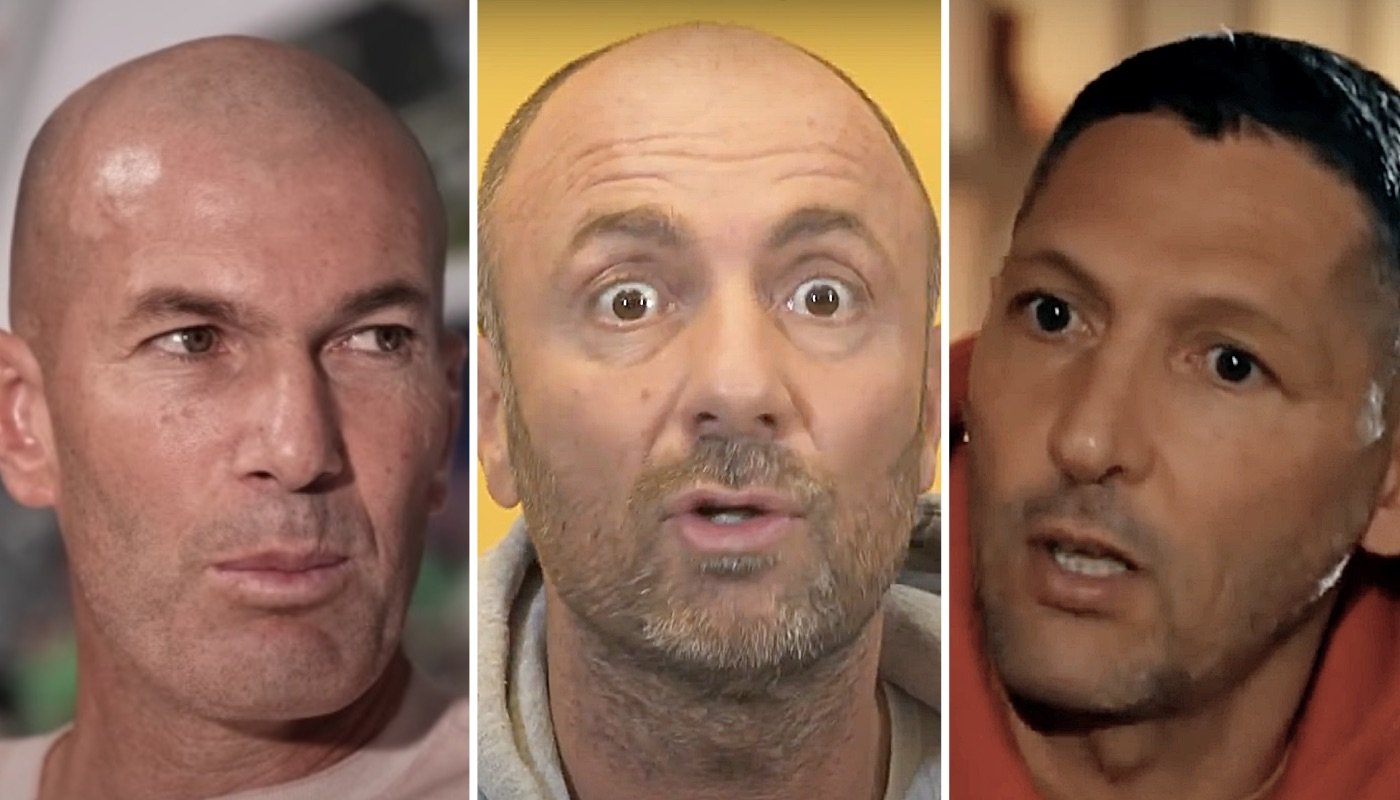 Les anciens footballeurs Zinédine Zidane (gauche), Christophe Dugarry (centre) et Marco Materazzi (droite)