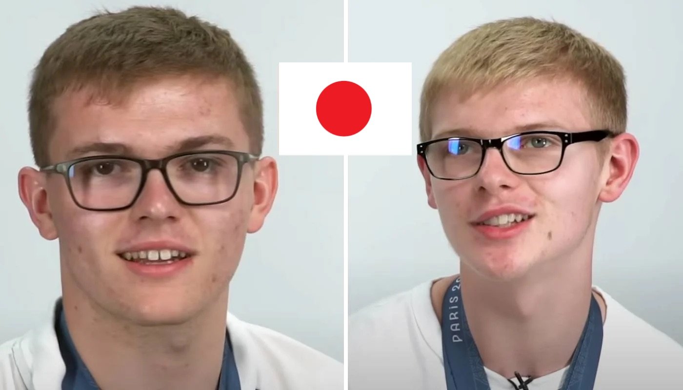 Les pongistes français Alexis Lebrun (gauche) et Félix Lebrun (droite), ici accompagnés du drapeau du Japon