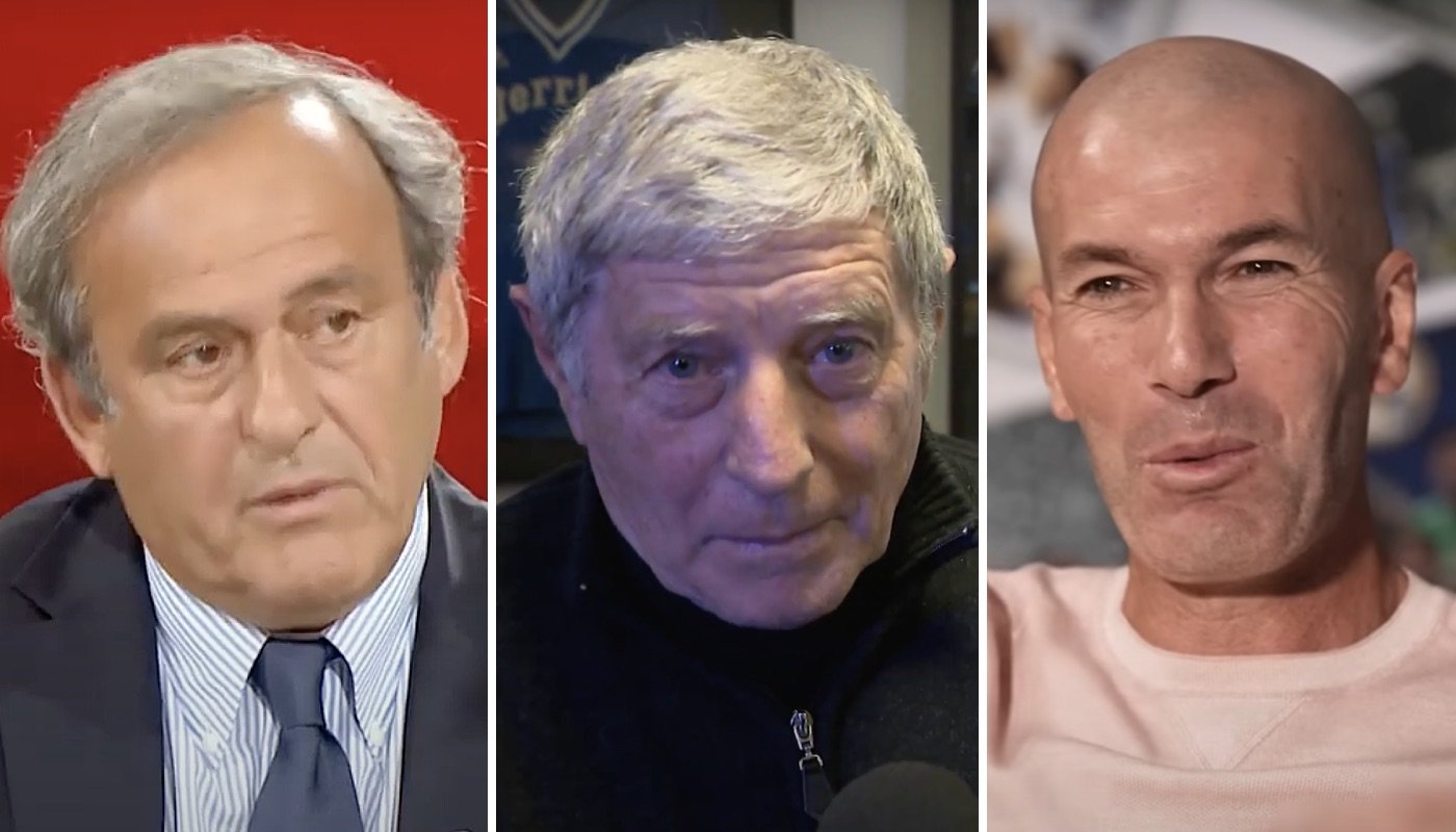 Les légendes du football français, Michel Platini (gauche), Jean-Michel Larqué (centre) et Zinédine Zidane (droite)