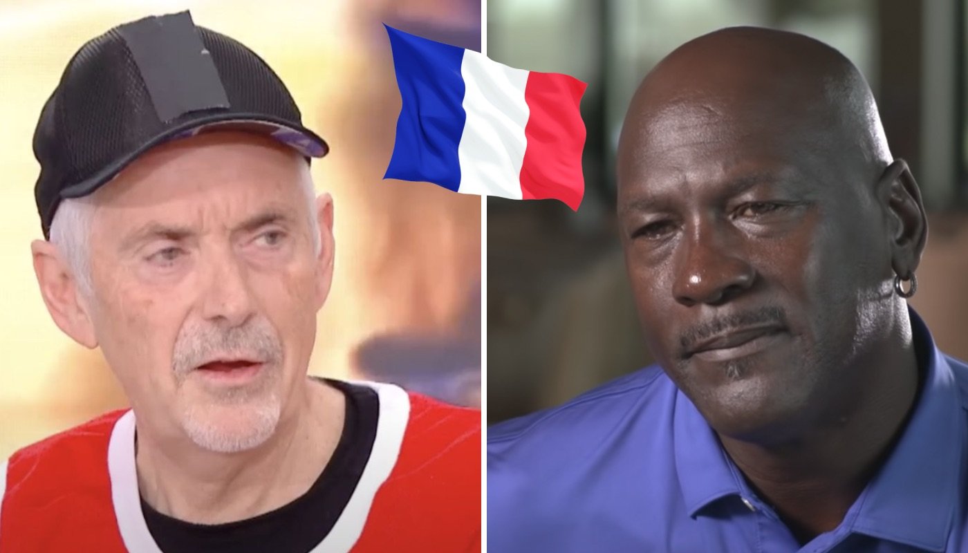 L'icône du basket français George Eddy (gauche) et la légende NBA Michael Jordan (droite), accompagnés du drapeau de la France