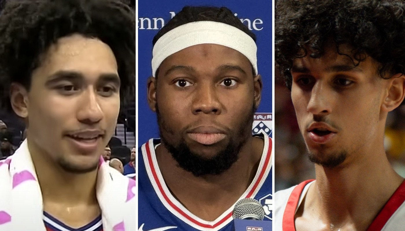 Les joueurs des Philadelphia 76ers, Jared McCain (gauche) et Guerschon Yabusele (centre), ainsi que le rookie français des Atlanta Hawks, Zaccharie Risacher (droite)