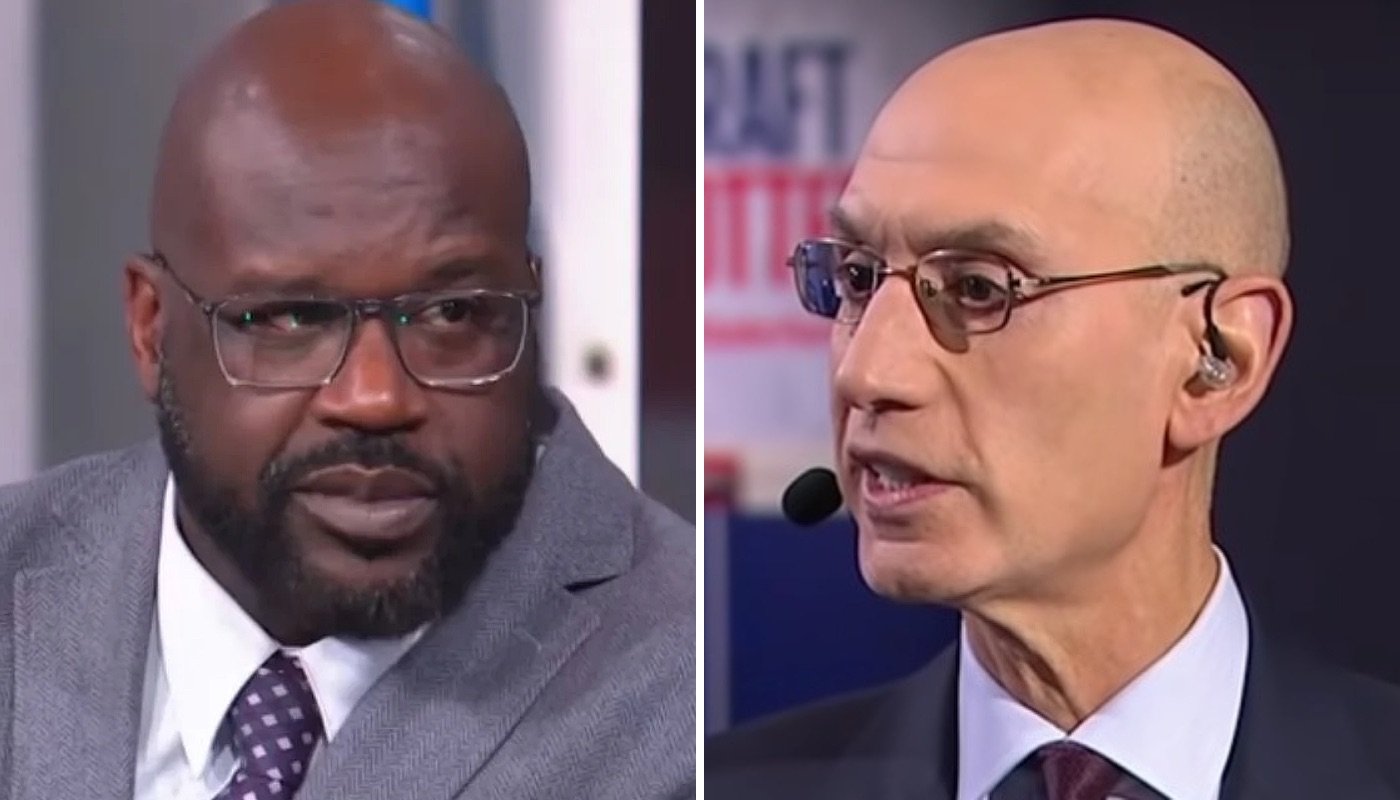 La légende NBA Shaquille O'Neal (gauche) et le commissioner de la ligue Adam Silver (droite)