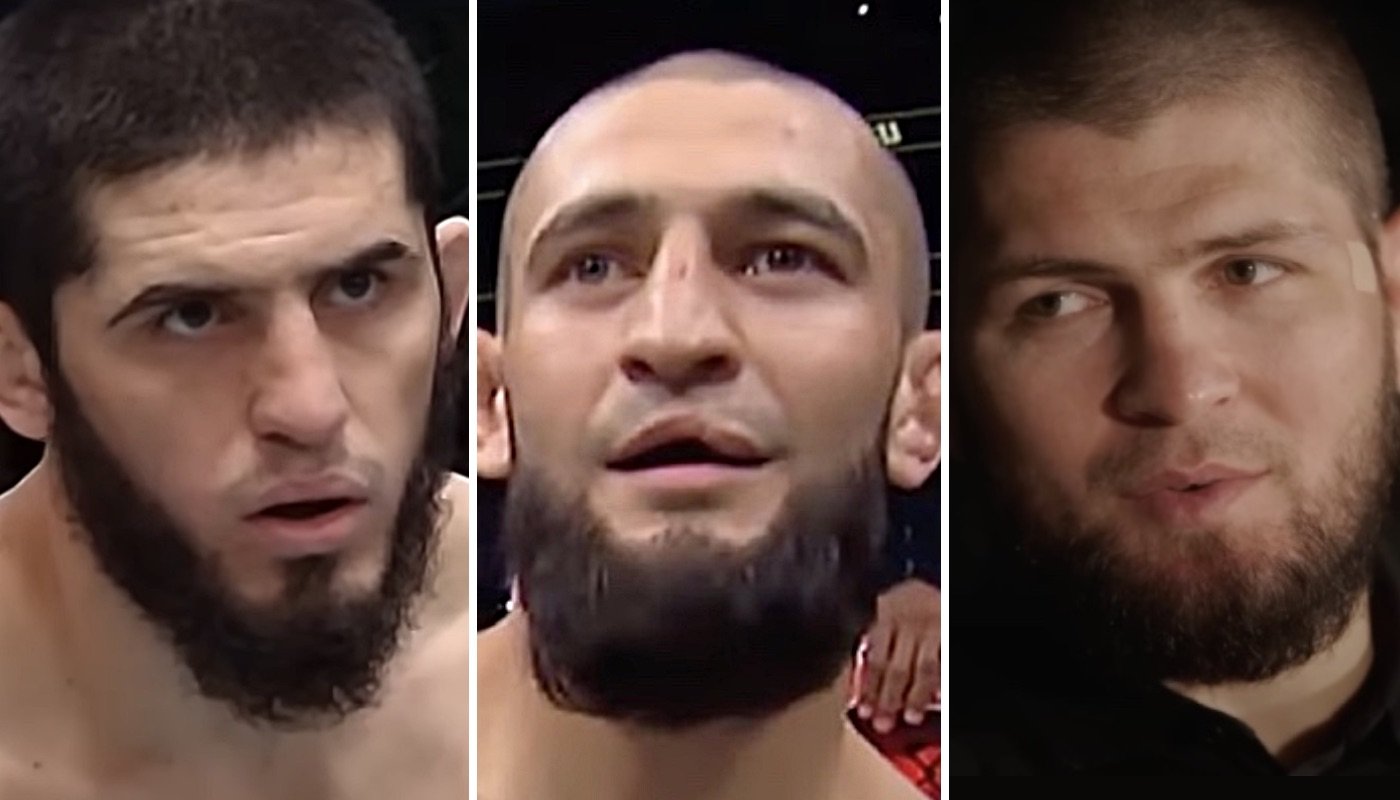 Les combattants UFC Islam Makhachev (gauche), Khamzat Chimaev (centre) et Khabib Nurmagomedov (droite)