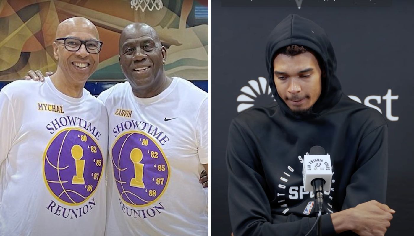 Mychal Thompson, le père de Klay, avec Magic Johnson. De l'autre côté Victor Wembanyama