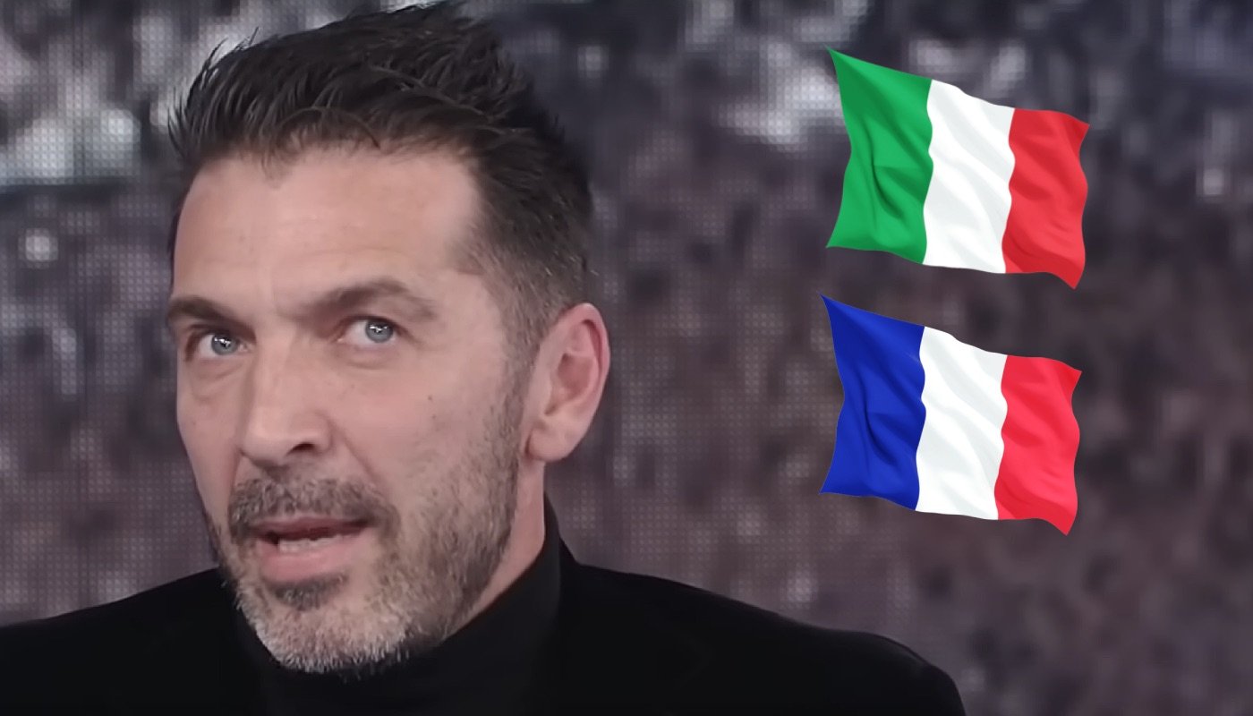 L'ancien gardien de but italien Gianluigi Buffon, ici accompagné des drapeaux de l'Italie et de la France