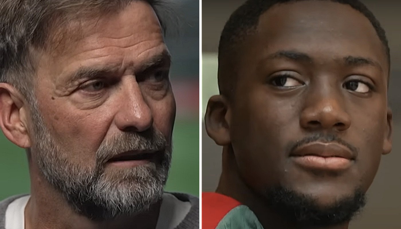 L'entraîneur allemand Jurgen Klopp (gauche) et le défenseur français Ibrahima Konaté (droite)