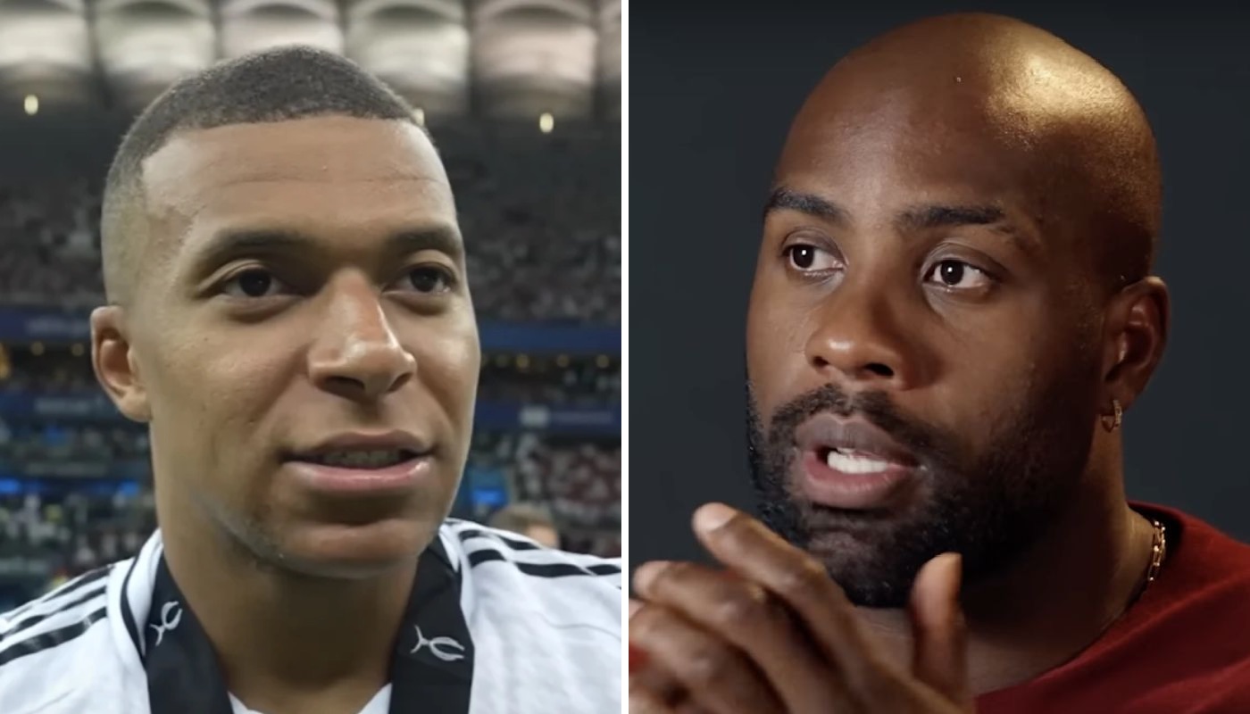 Le footballeur français Kylian Mbappé (gauche) et le judoka tricolore Teddy Riner (droite)