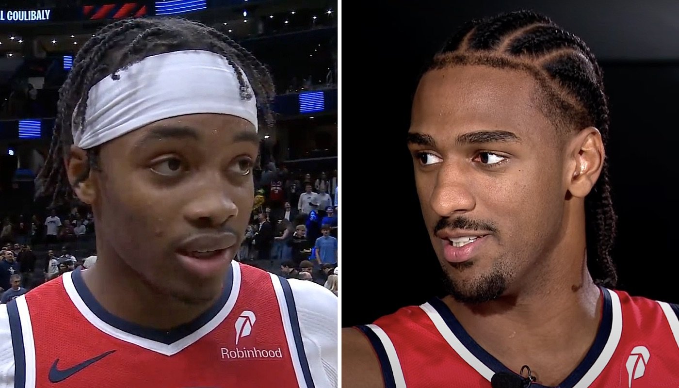 Les joueurs NBA français des Washington Wizards, Bilal Coulibaly (gauche) et Alex Sarr (droite)