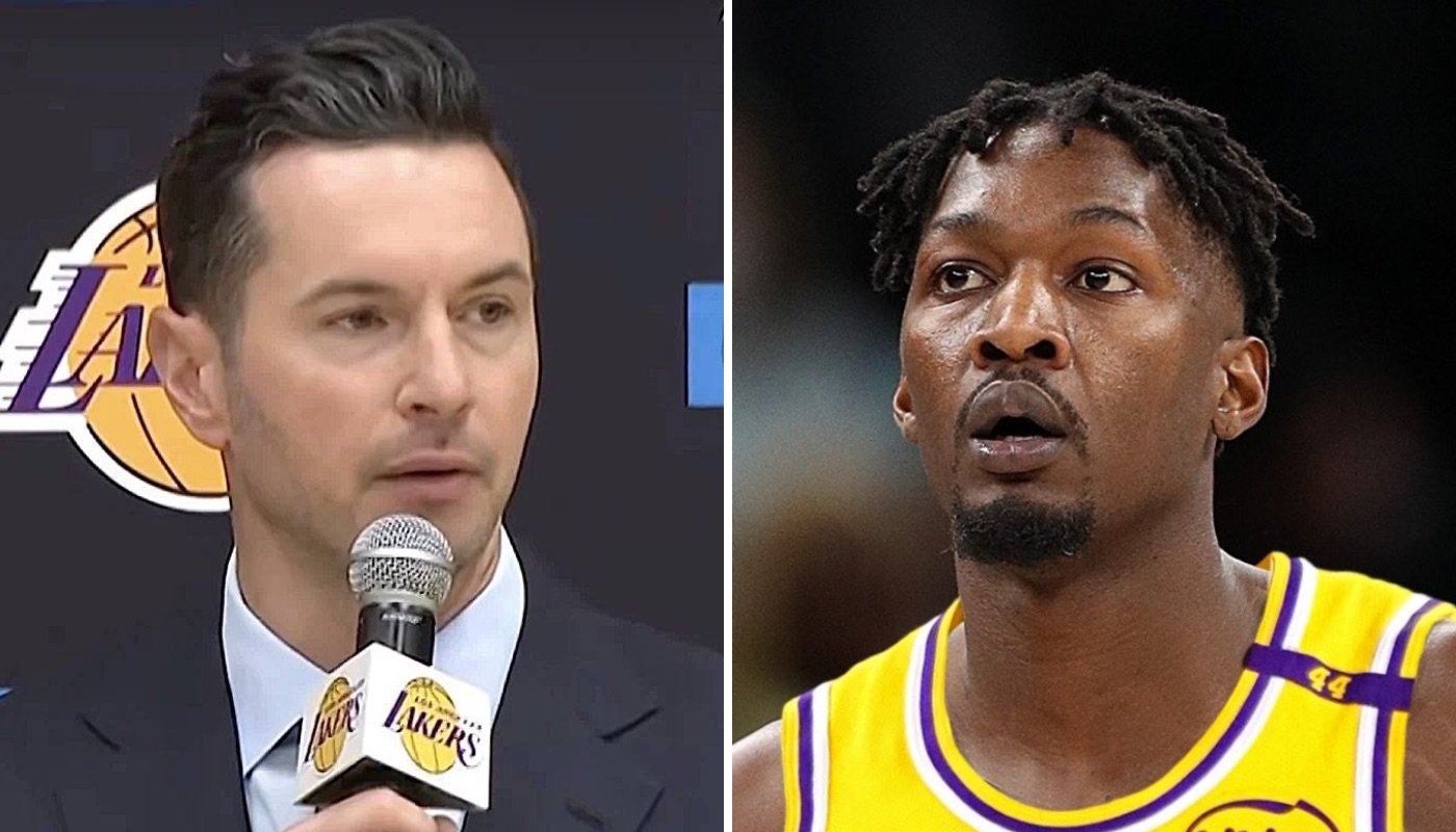 L'entraîneur NBA des Los Angeles Lakers, JJ Redick (gauche) et la dernière recrue de la franchise, Dorian Finney-Smith (droite)