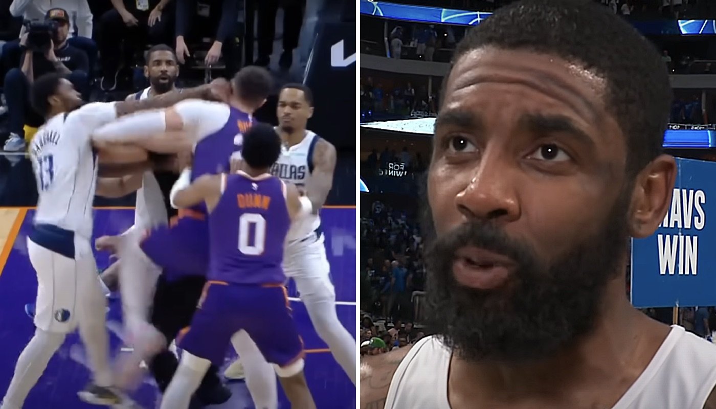 La star NBA des Dallas Mavericks, Kyrie Irving (droite) a réagi à la bagarre qui a opposé certains de ses coéquipiers à un joueur des Suns