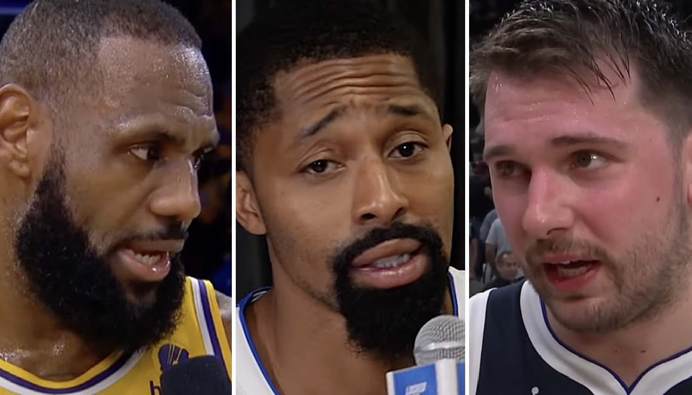 Les joueurs NBA LeBron James (gauche), Spencer Dinwiddie (centre) et Luka Doncic (droite)