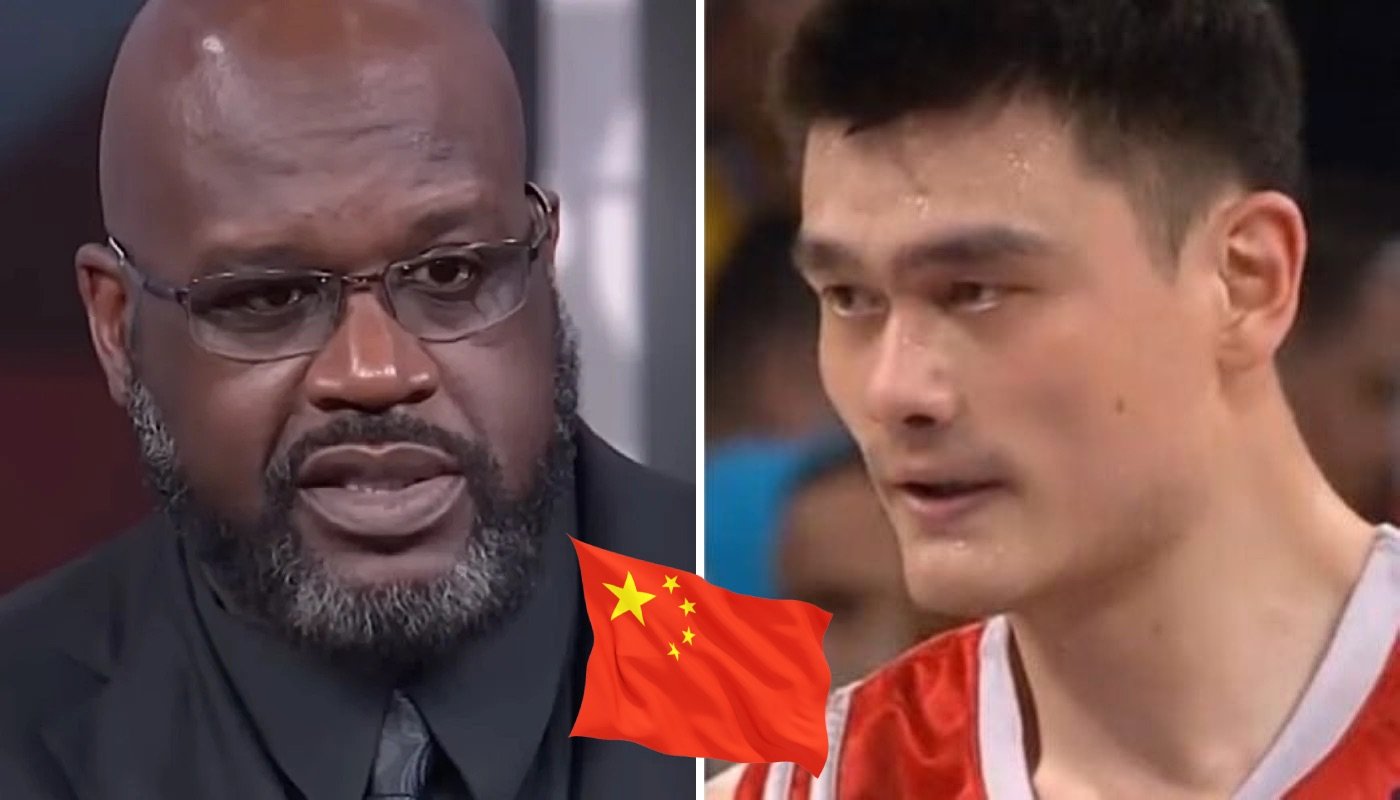 Les légendes NBA Shaquille O'Neal (gauche) et Yao Ming (droite), ici accompagnées du drapeau de la Chine