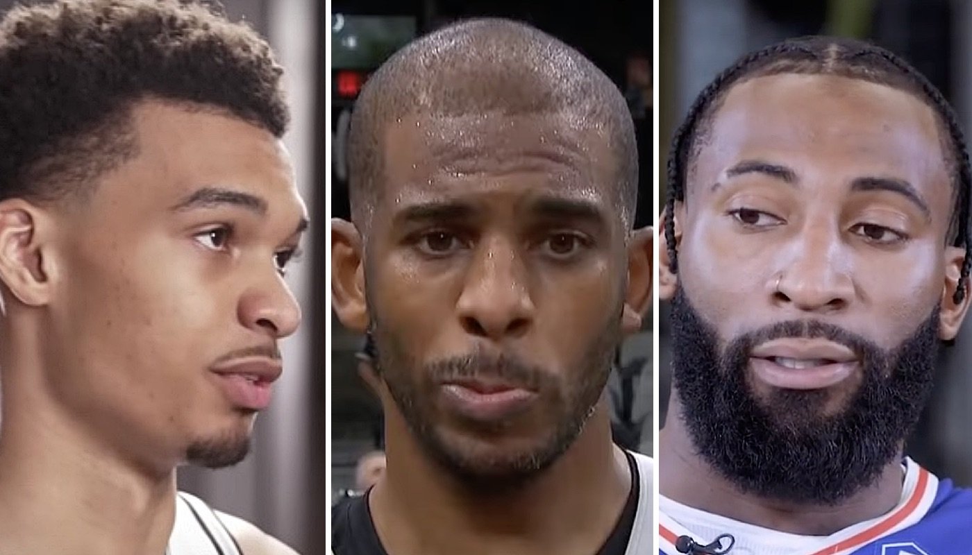 Les stars NBA Victor Wembanyama (gauche), Chris Paul (centre) et Andre Drummond (droite)