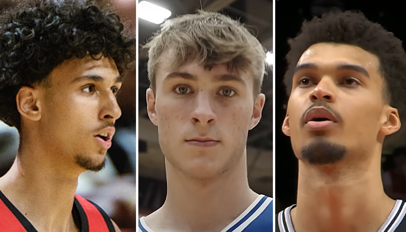 Les joueurs NBA français Zaccharie Risacher (gauche) et Victor Wembanyama (droite) ainsi que le prospect américain Cooper Flagg (centre)