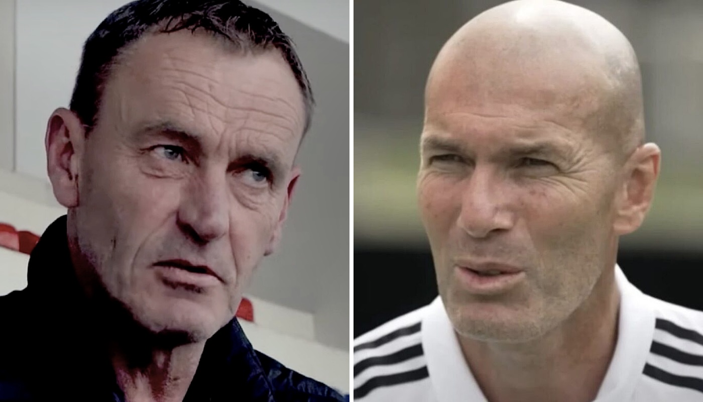 Les anciens joueurs de l'équipe de France, Stéphane Guivarc'h (gauche) et Zinédine Zidane (droite)