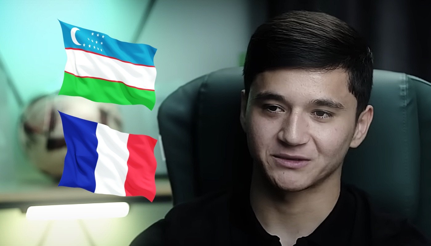 Le défenseur Abdukodir Khusanov, ici accompagné des drapeaux de l'Ouzbékistan et de la France