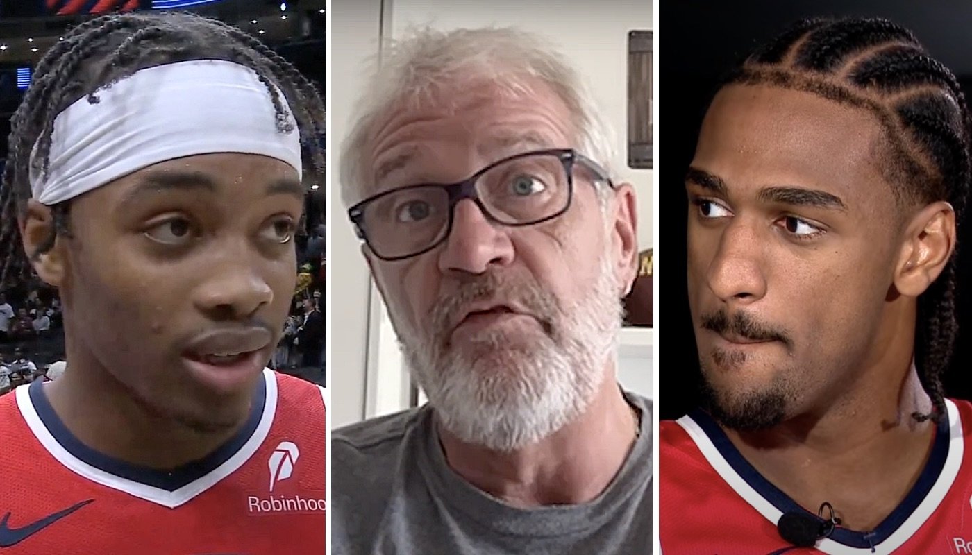 Les joueurs NBA des Washington Wizards, Bilal Coulibaly (gauche) et Alex Sarr (droite), et le mythique joueur et coach français Jacques Monclar (centre)