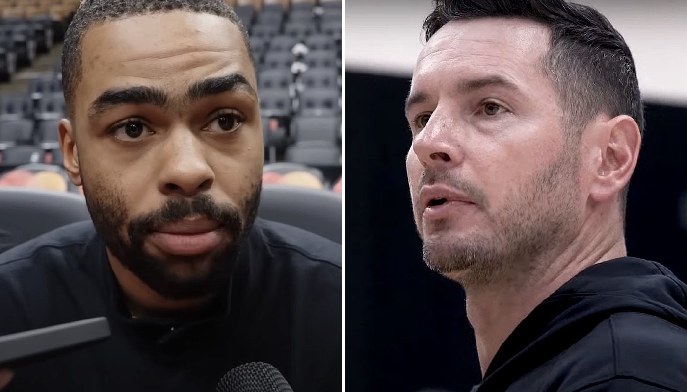 La star NBA D'Angelo Russell (gauche) et l'entraîneur des Los Angeles Lakers JJ Redick (droite)