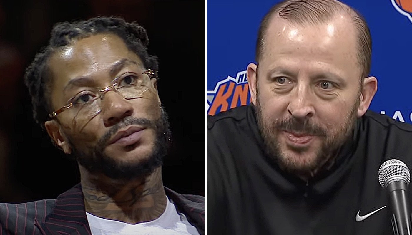 La légende NBA Derrick Rose (gauche) et l'entraîneur des New York Knicks, Tom Thibodeau (droite)