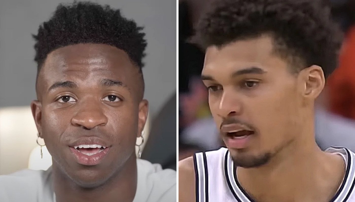 L'attaquant du Real Madrid, Vinicius Jr. (gauche) et l'intérieur NBA des San Antonio Spurs, Victor Wembanyama (droite)