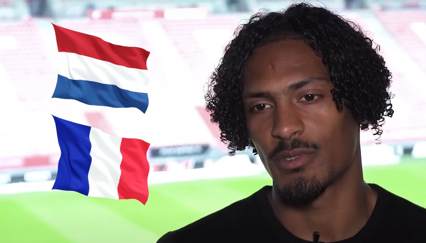 Le footballeur ivoirien Sébastien Haller, ici accompagné des drapeaux des Pays-Bas et de la France