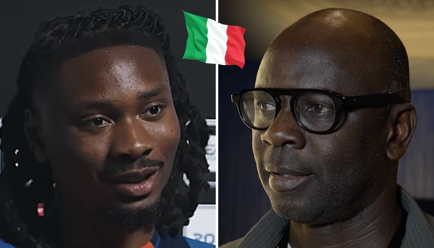 Les footballeurs français Képhren Thuram (gauche) et Lilian Thuram (droite), accompagnés du drapeau de l'Italie