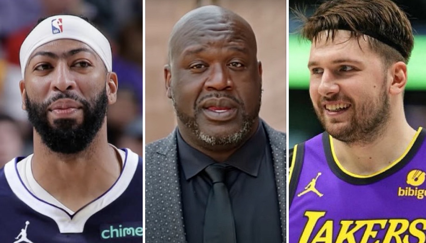 Les stars NBA Anthony Davis (gauche), Shaquille O'Neal (centre) et Luka Doncic (droite)