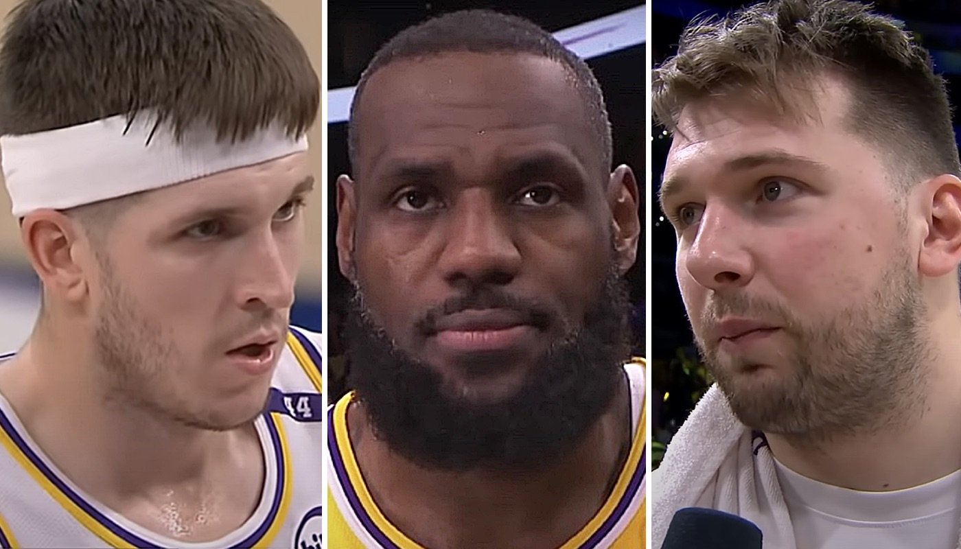 Les stars NBA des Los Angeles Lakers, Austin Reaves (gauche), LeBron James (centre) et Luka Doncic (droite)