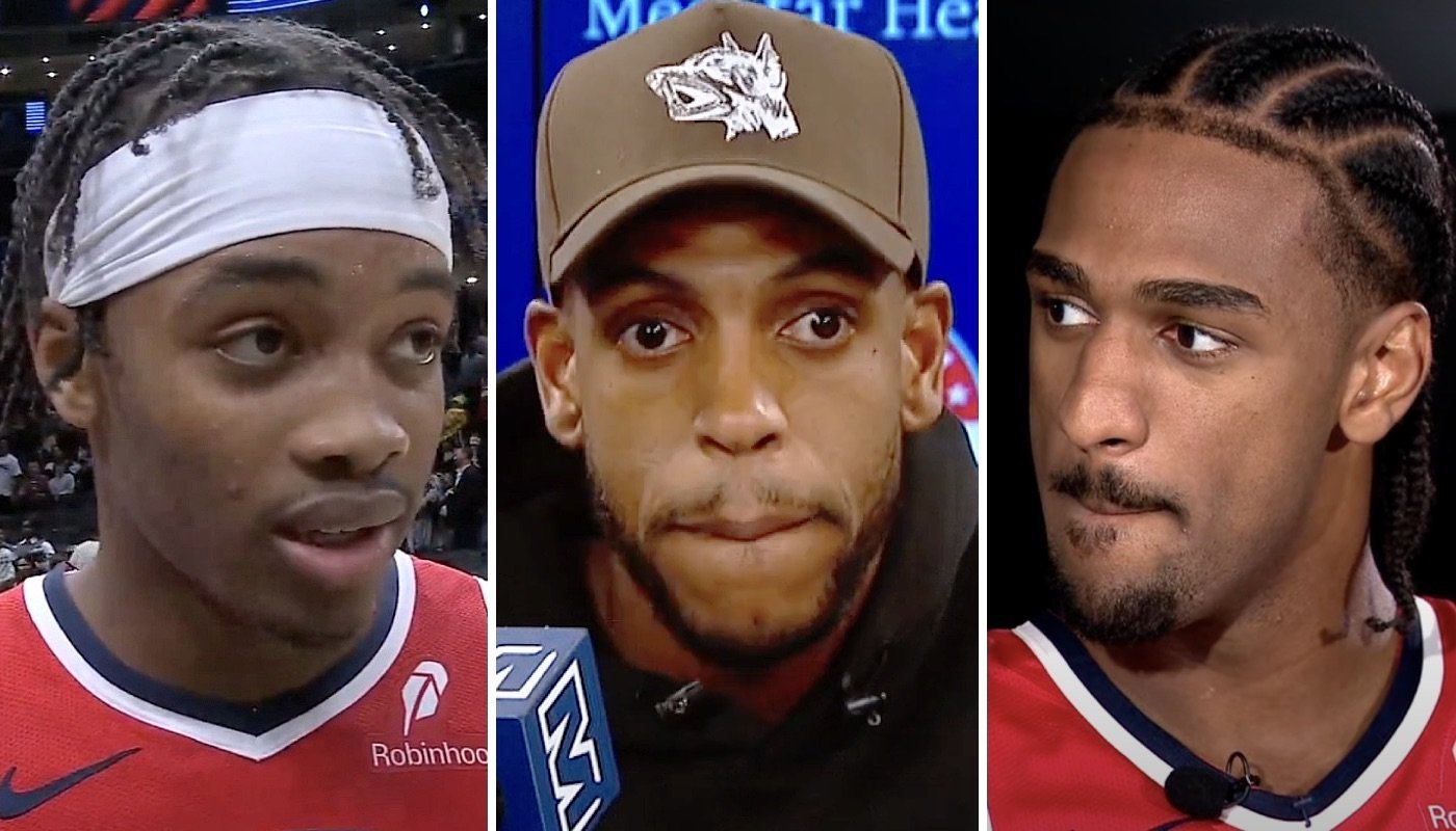 Les joueurs NBA des Washington Wizards, Bilal Coulibaly (gauche), Khris Middleton (centre) et Alex Sarr (droite)