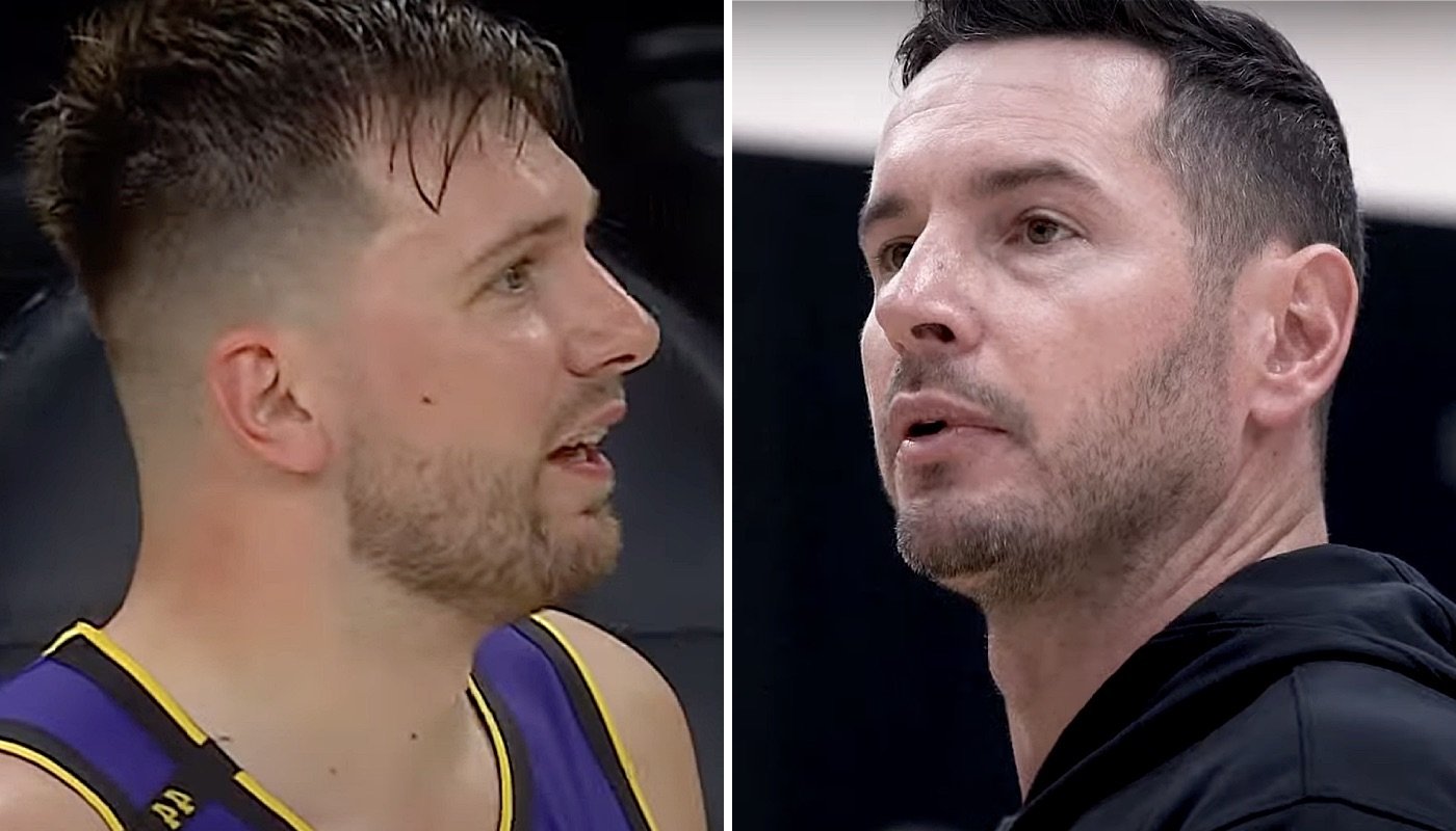 La star NBA Luka Doncic (gauche) et l'entraîneur des Los Angeles Lakers, JJ Redick (droite)