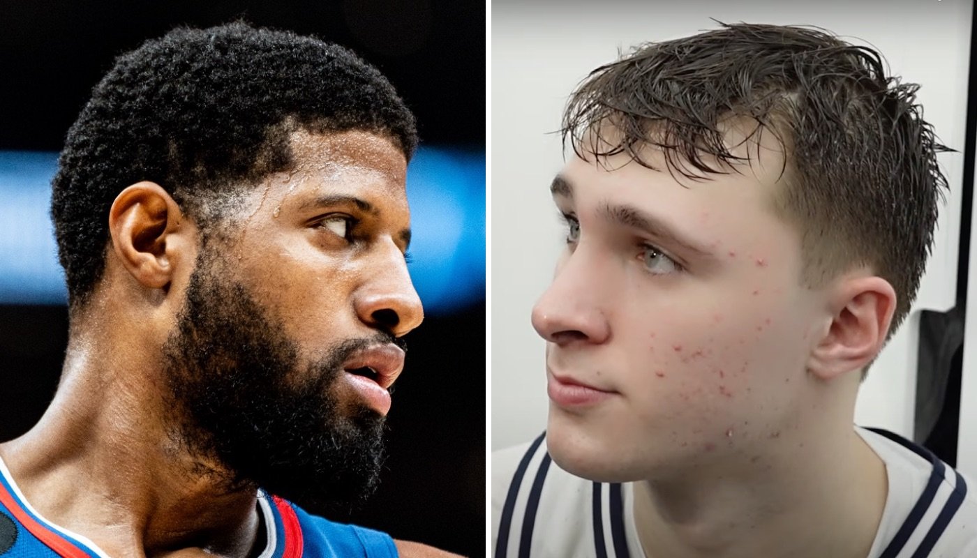 La star NBA Paul George (gauche) et le prospect Cooper Flagg (droite)