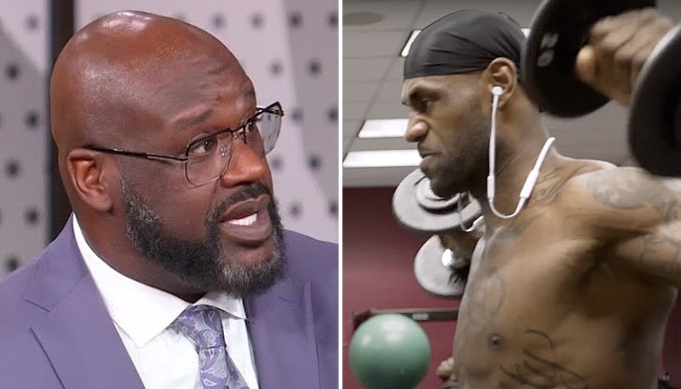 La légende NBA Shaquille O'Neal (gauche) et la star LeBron James (droite), en pleine séance de musculation