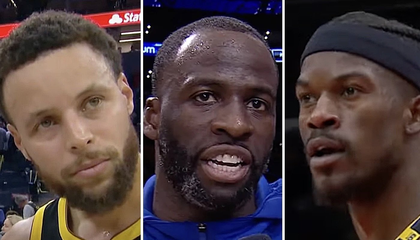 Les stars NBA des Golden State Warriors, Stephen Curry (gauche), Draymond Green (centre) et Jimmy Butler (droite)