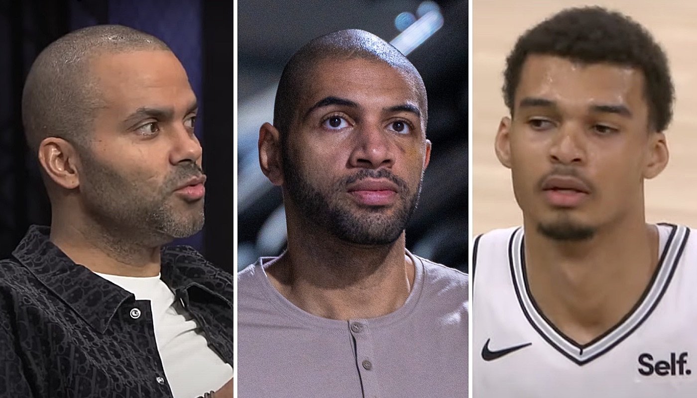 Les joueurs NBA français Tony Parker (gauche), Nicolas Batum (centre) et Victor Wembanyama (droite)