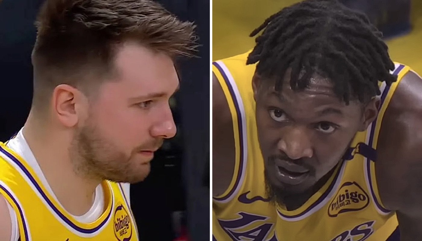 Les joueurs NBA des Los Angeles Lakers, Luka Doncic (gauche) et Dorian Finney-Smith (droite)